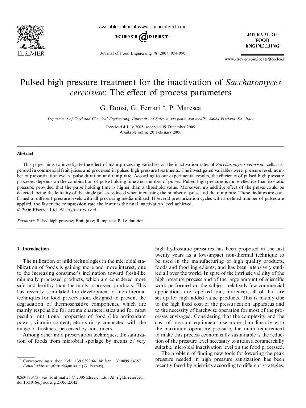 Pulsed high pressure treatment for the inactivation of Saccharomyces cerevisiae: The effect of process parameters