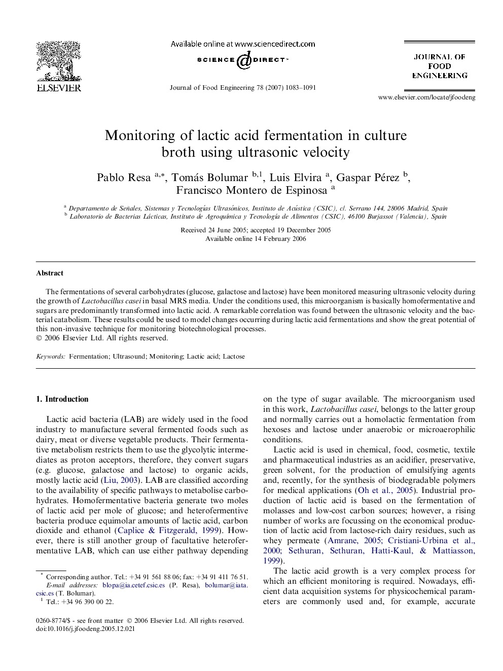 Monitoring of lactic acid fermentation in culture broth using ultrasonic velocity