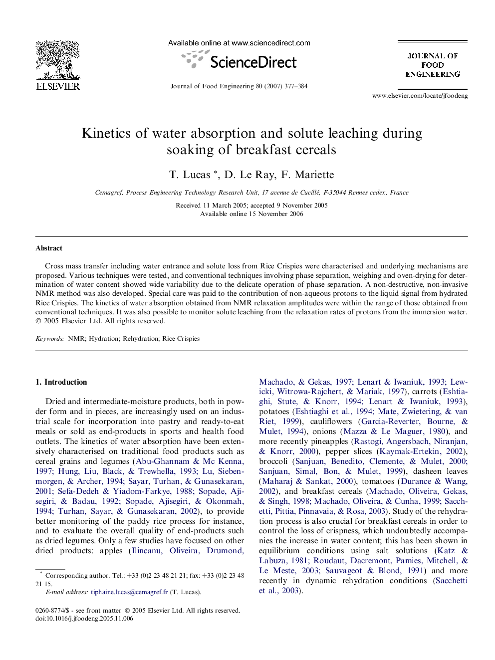 Kinetics of water absorption and solute leaching during soaking of breakfast cereals