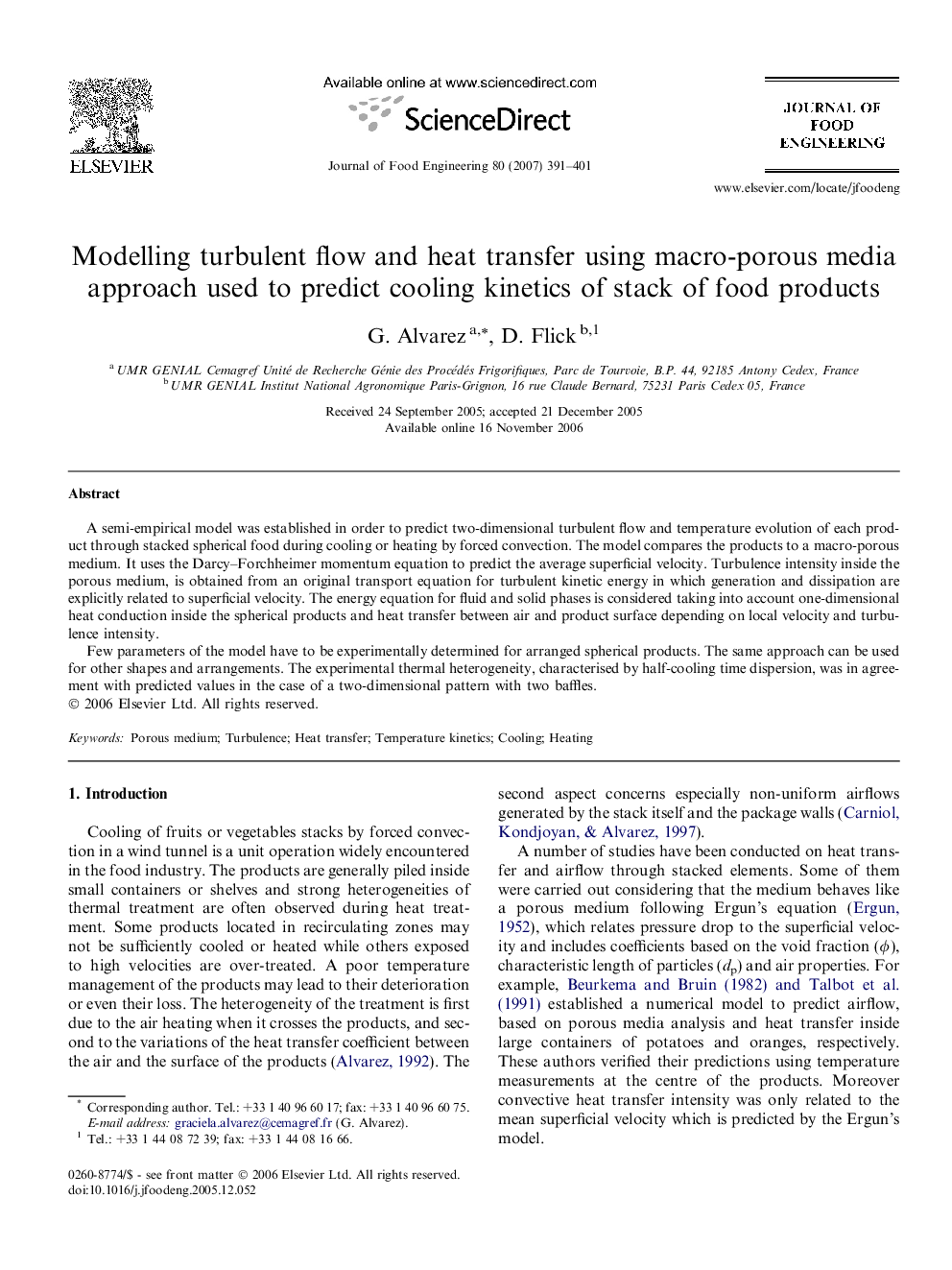 Modelling turbulent flow and heat transfer using macro-porous media approach used to predict cooling kinetics of stack of food products