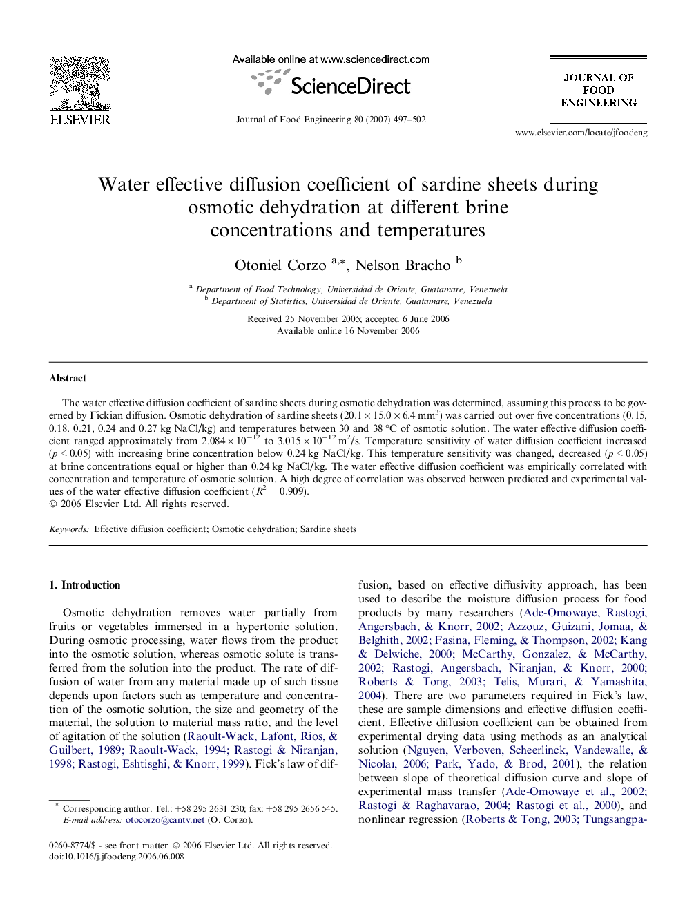 Water effective diffusion coefficient of sardine sheets during osmotic dehydration at different brine concentrations and temperatures