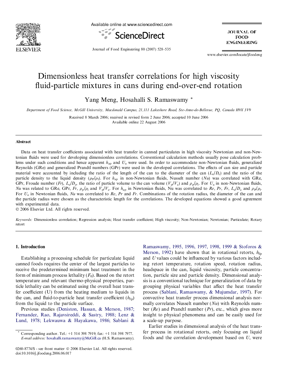 Dimensionless heat transfer correlations for high viscosity fluid-particle mixtures in cans during end-over-end rotation