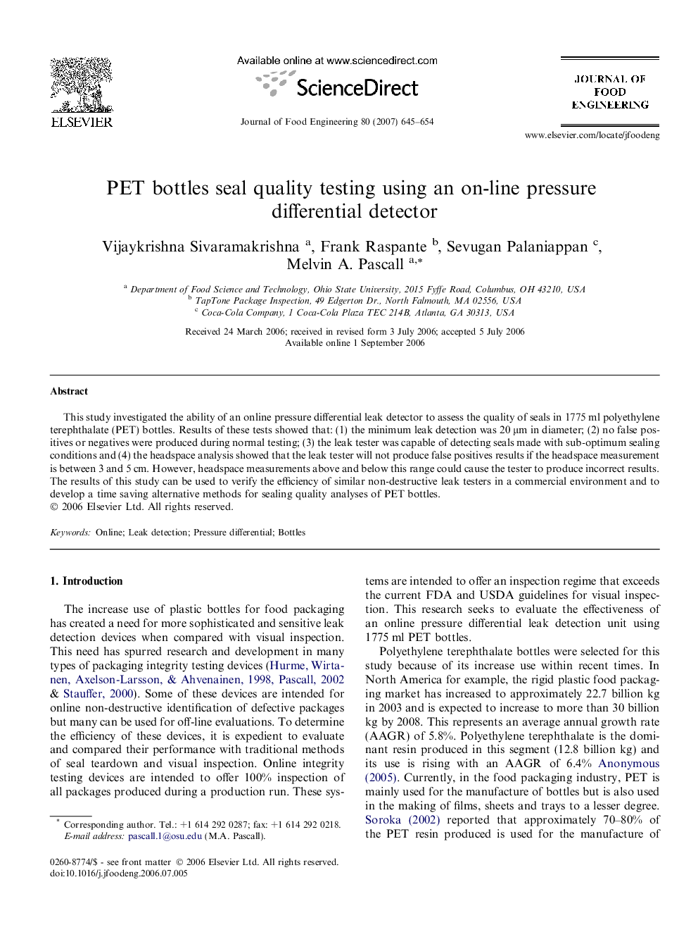 PET bottles seal quality testing using an on-line pressure differential detector