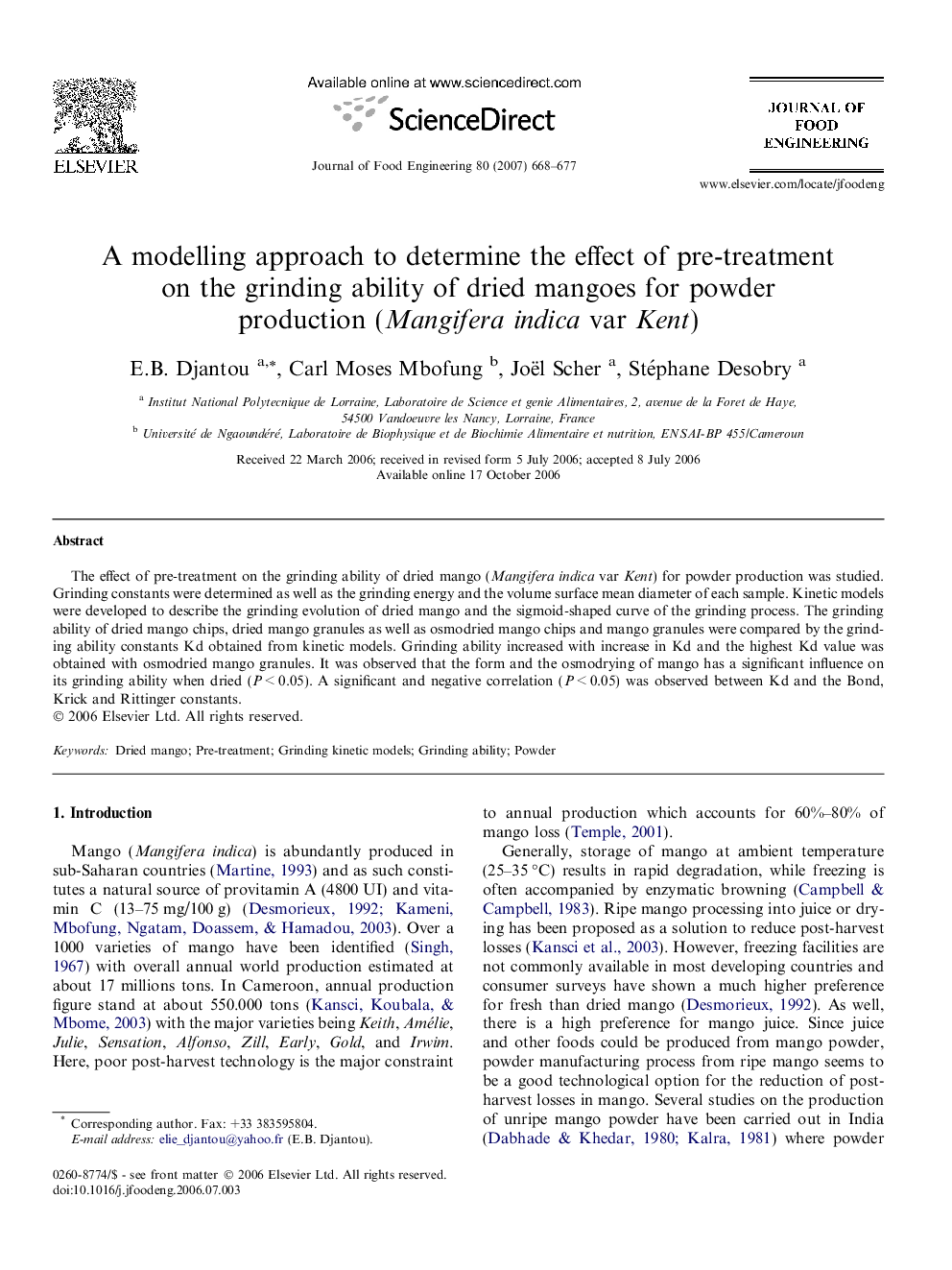 A modelling approach to determine the effect of pre-treatment on the grinding ability of dried mangoes for powder production (Mangifera indica var Kent)