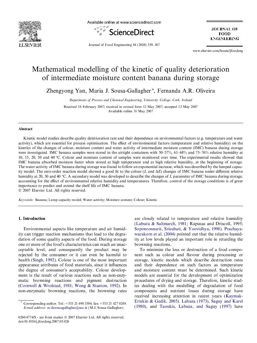 Mathematical modelling of the kinetic of quality deterioration of intermediate moisture content banana during storage