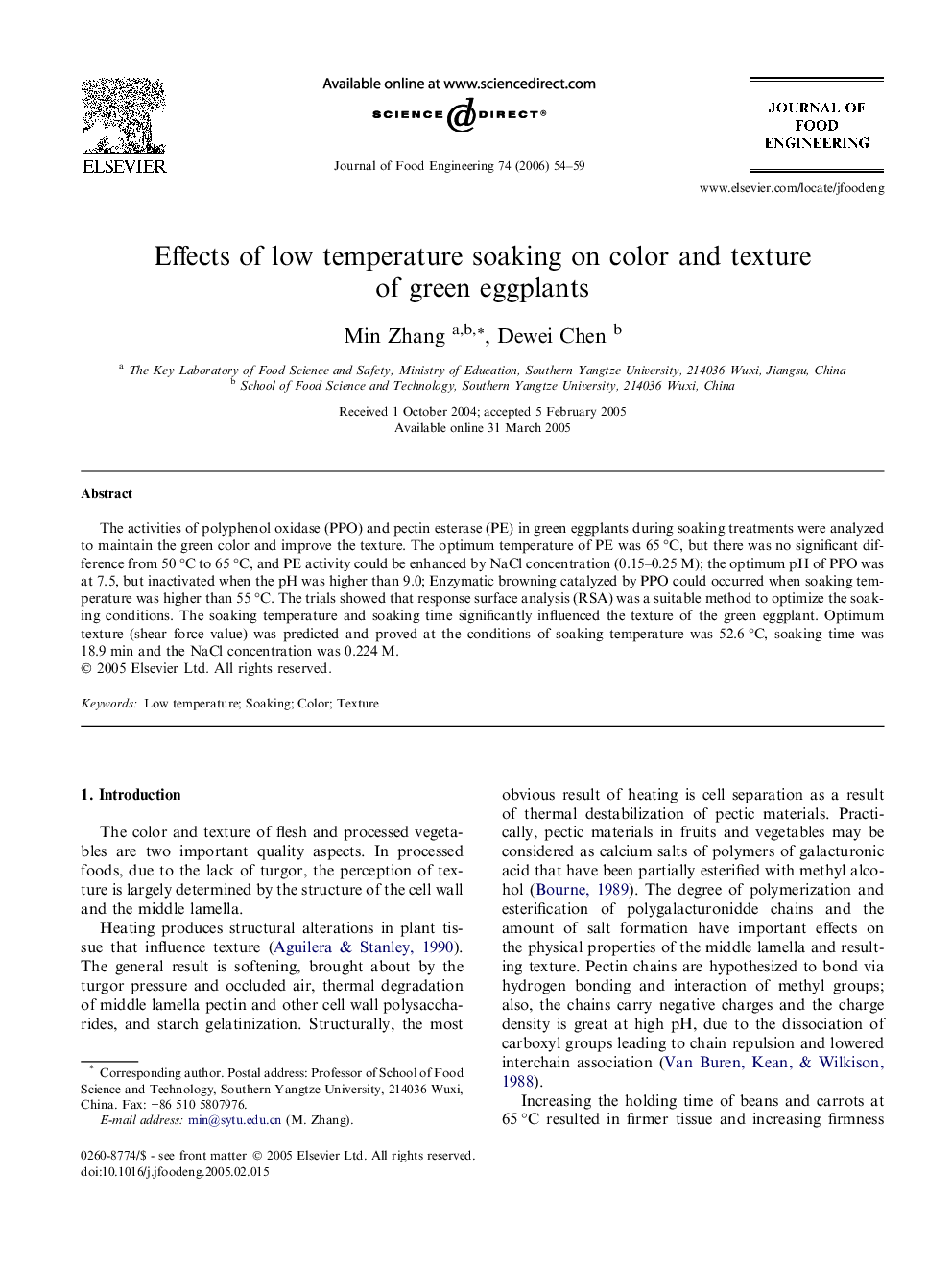 Effects of low temperature soaking on color and texture of green eggplants