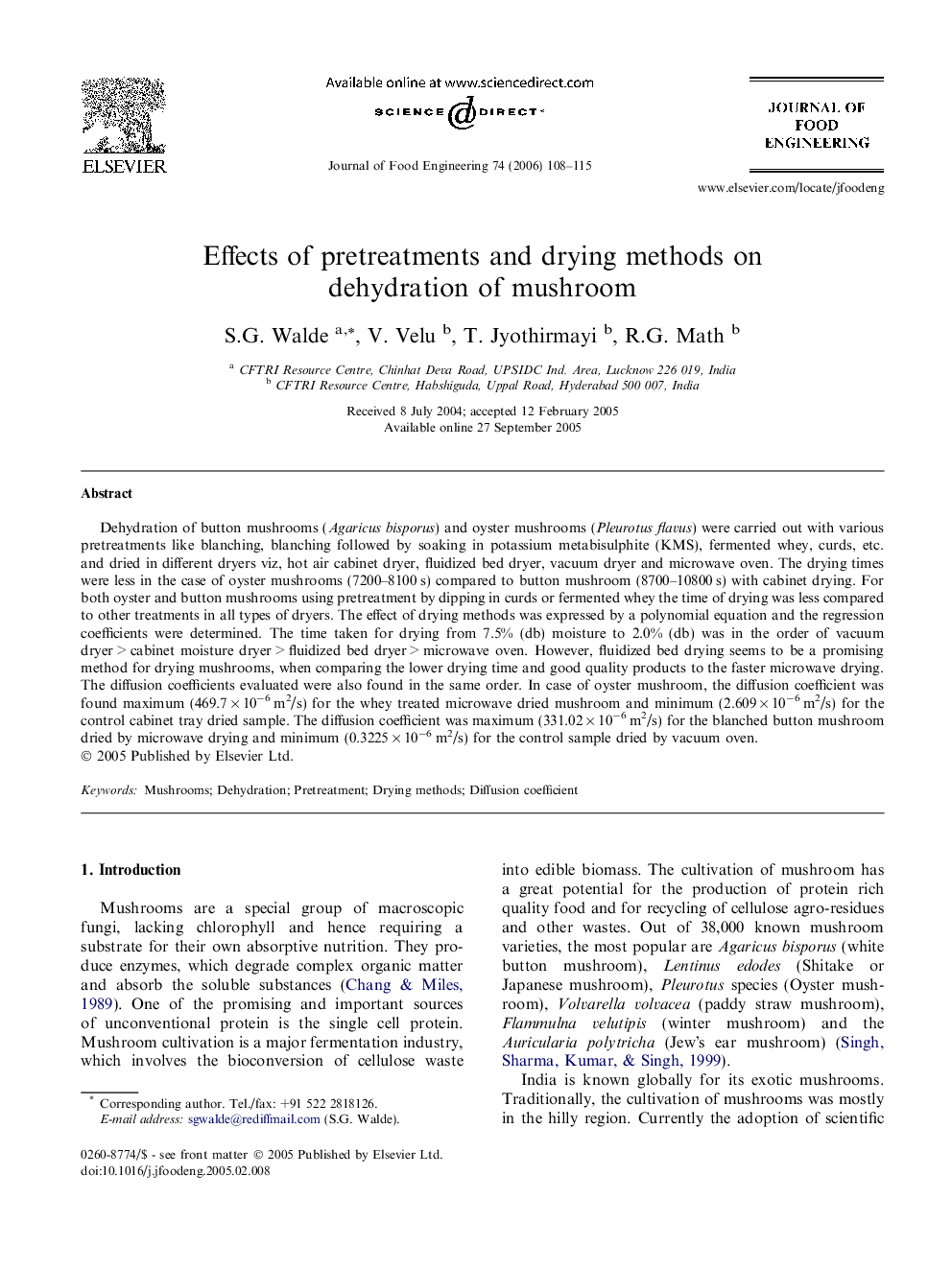 Effects of pretreatments and drying methods on dehydration of mushroom