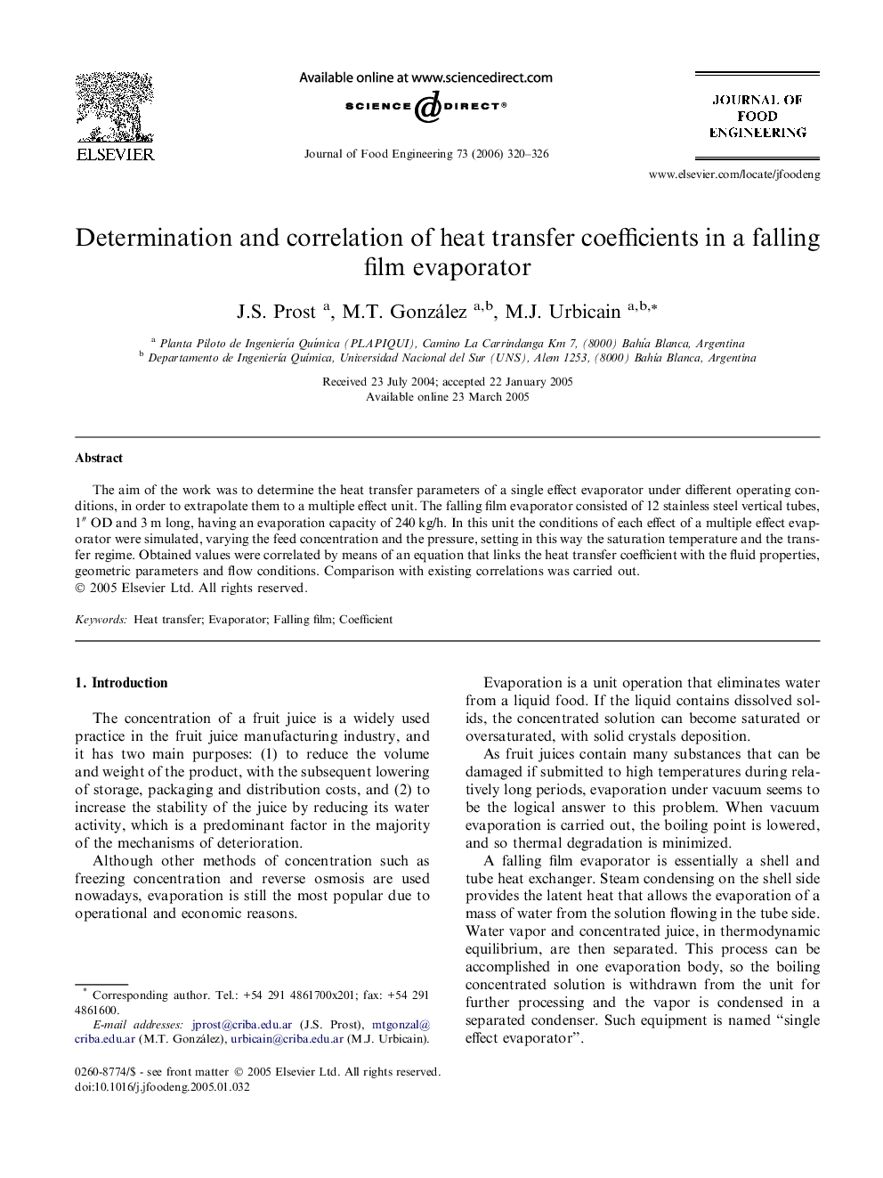 Determination and correlation of heat transfer coefficients in a falling film evaporator