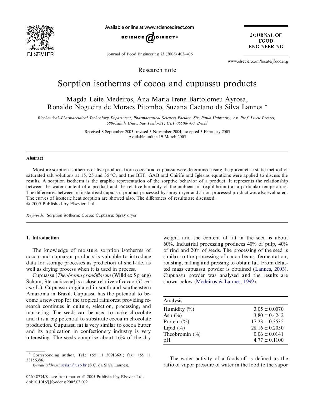 Sorption isotherms of cocoa and cupuassu products