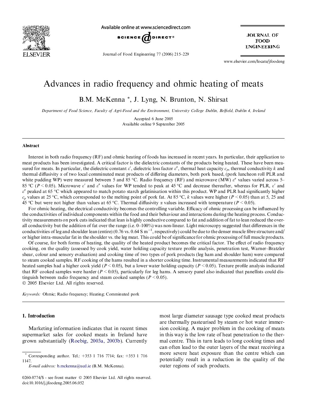 Advances in radio frequency and ohmic heating of meats