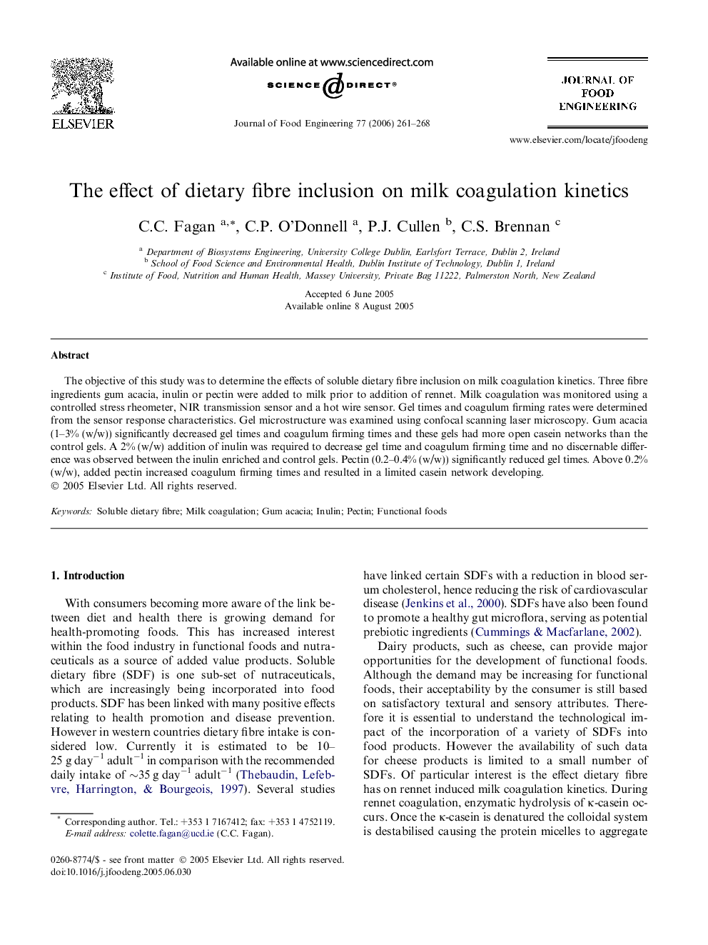 The effect of dietary fibre inclusion on milk coagulation kinetics