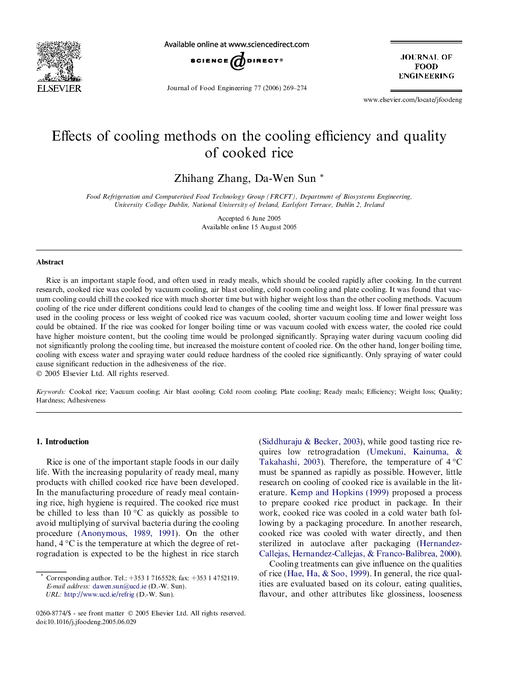 Effects of cooling methods on the cooling efficiency and quality of cooked rice