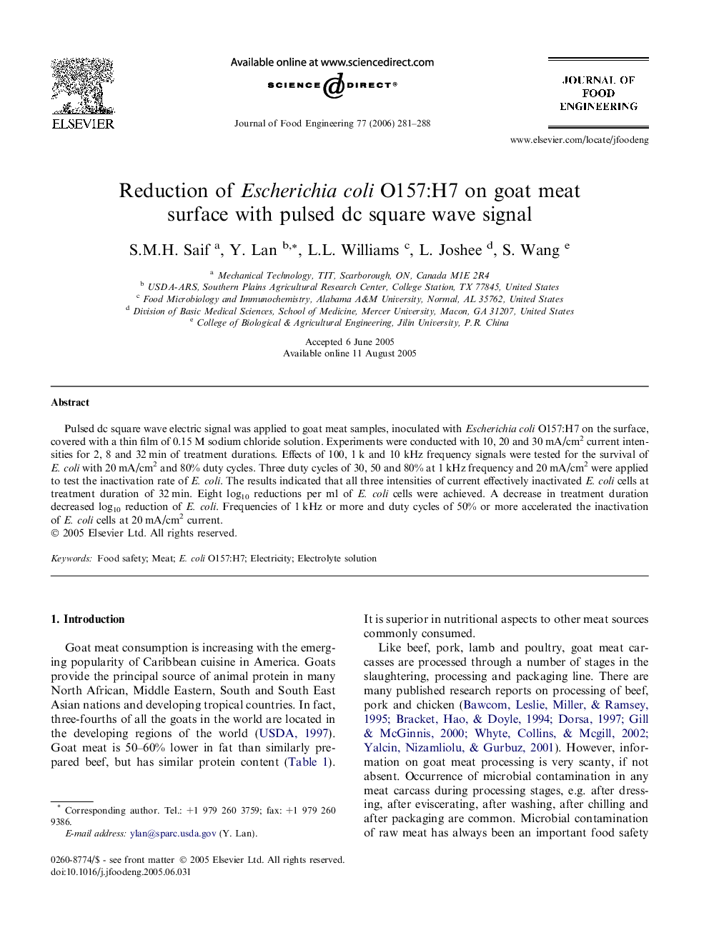 Reduction of Escherichia coli O157:H7 on goat meat surface with pulsed dc square wave signal