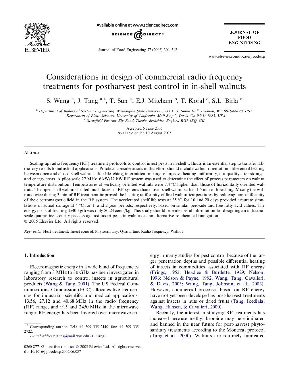 Considerations in design of commercial radio frequency treatments for postharvest pest control in in-shell walnuts