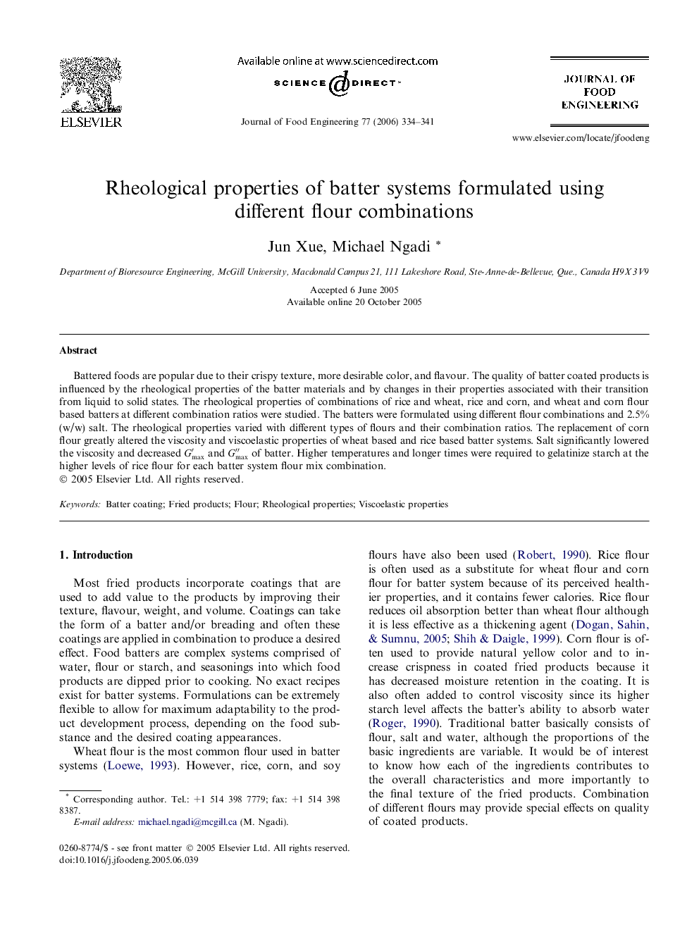 Rheological properties of batter systems formulated using different flour combinations