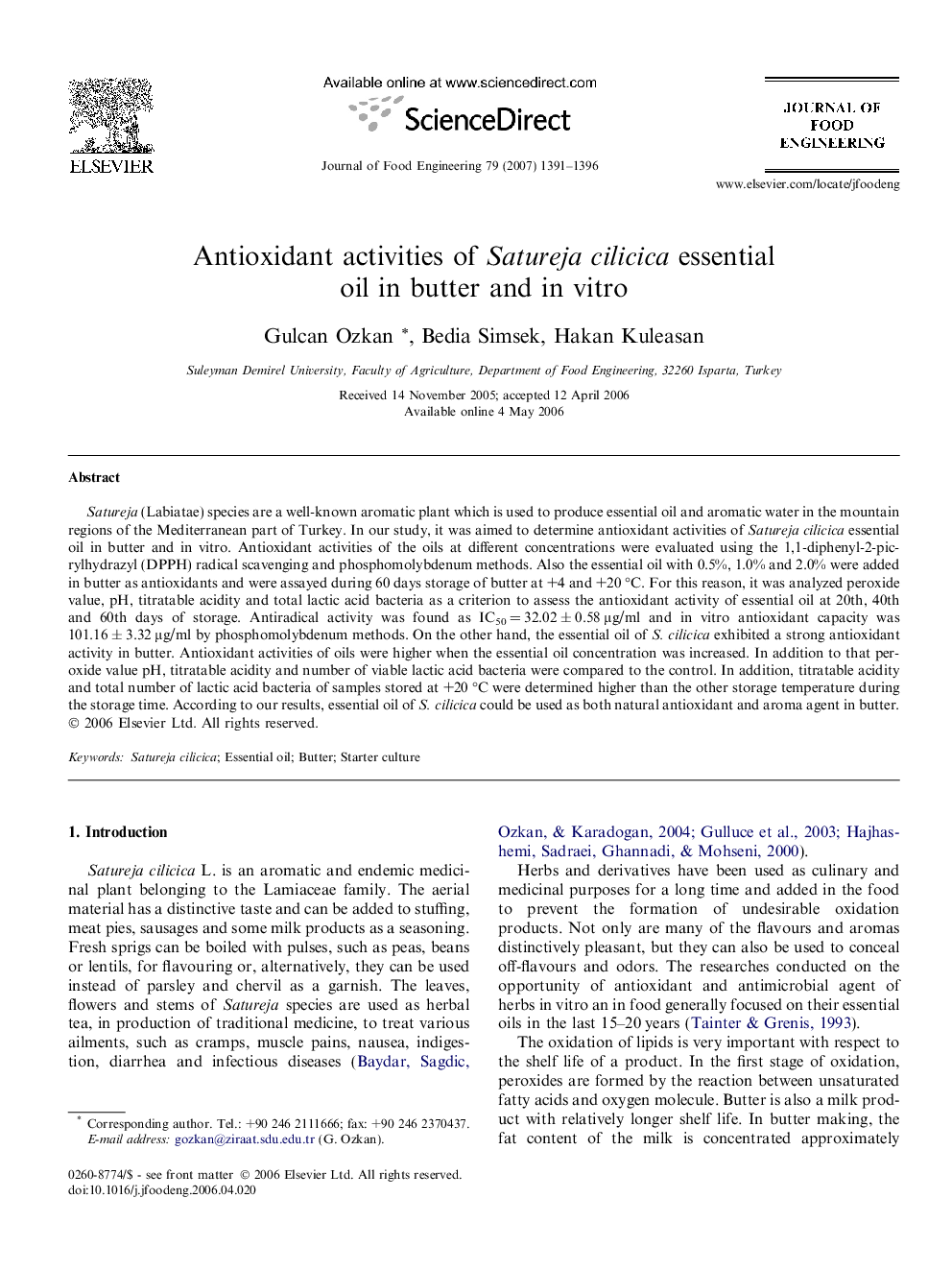 عکس صفحه اول مقاله: Antioxidant activities of Satureja cilicica essential oil in butter and in vitro Antioxidant activities of Satureja cilicica essential oil in butter and in vitro