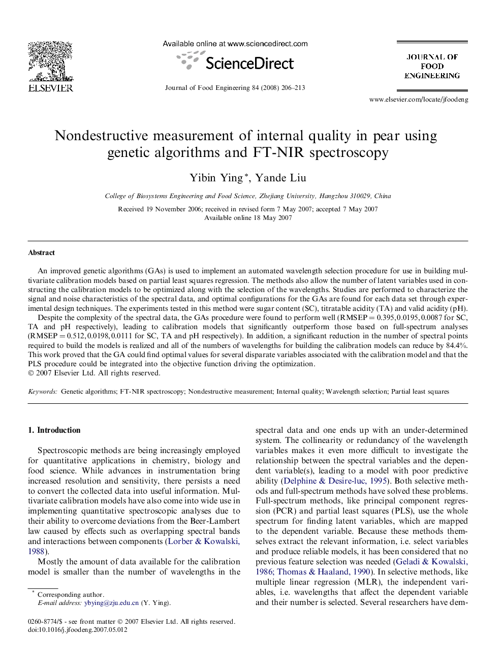 Nondestructive measurement of internal quality in pear using genetic algorithms and FT-NIR spectroscopy