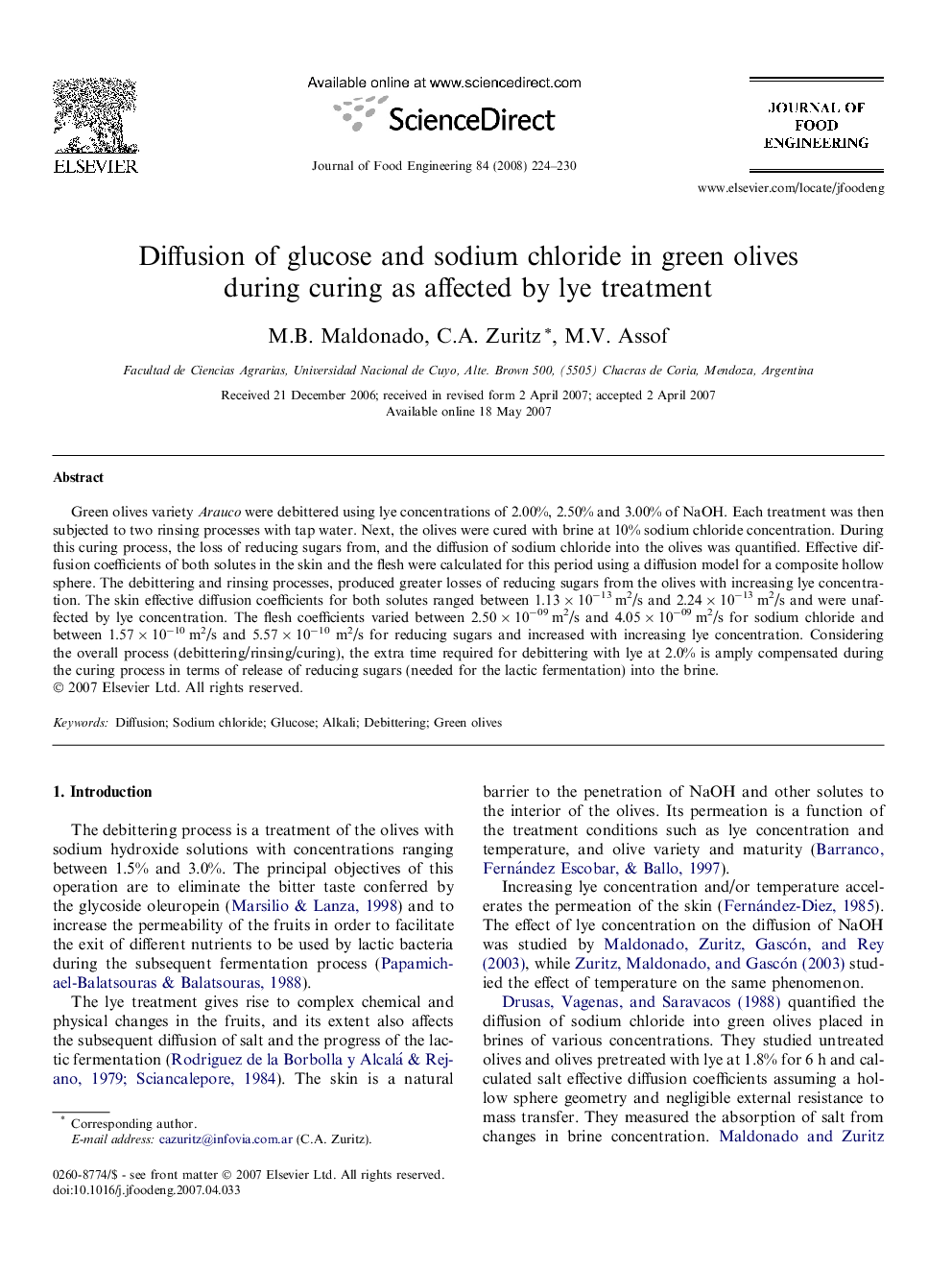 Diffusion of glucose and sodium chloride in green olives during curing as affected by lye treatment