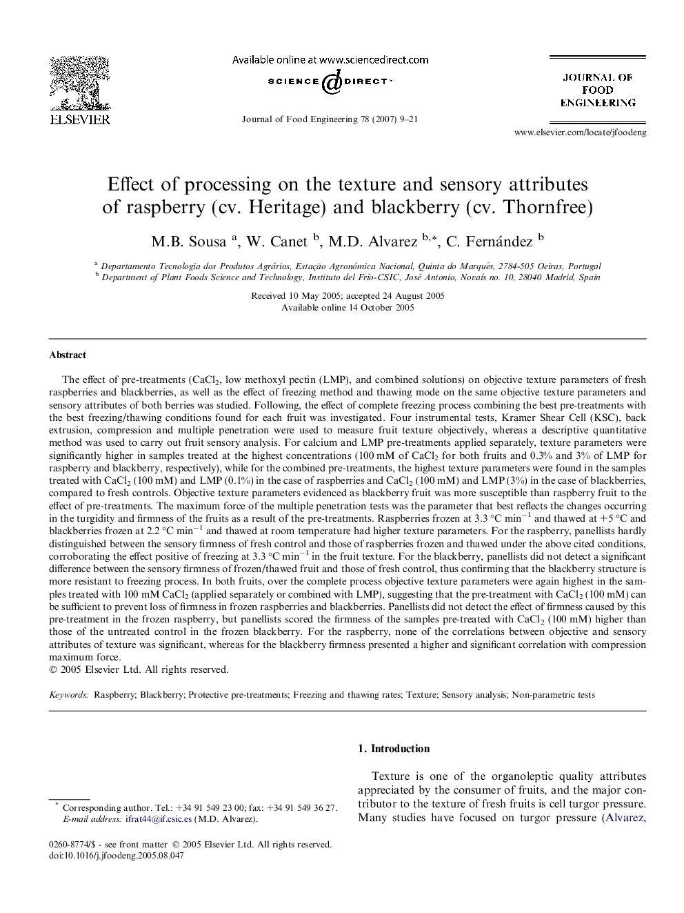 Effect of processing on the texture and sensory attributes of raspberry (cv. Heritage) and blackberry (cv. Thornfree)