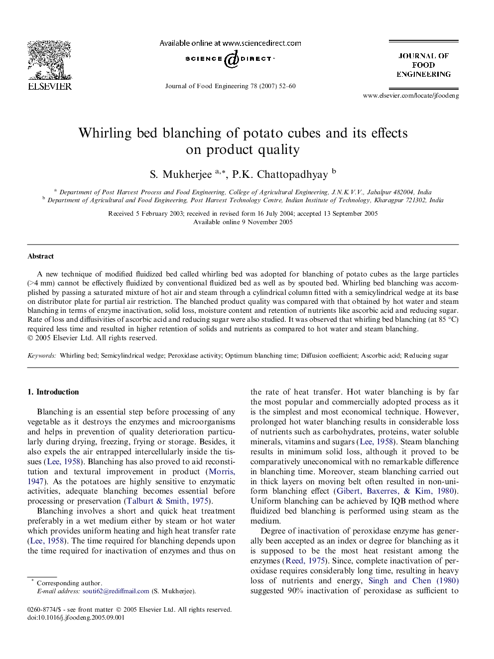 Whirling bed blanching of potato cubes and its effects on product quality