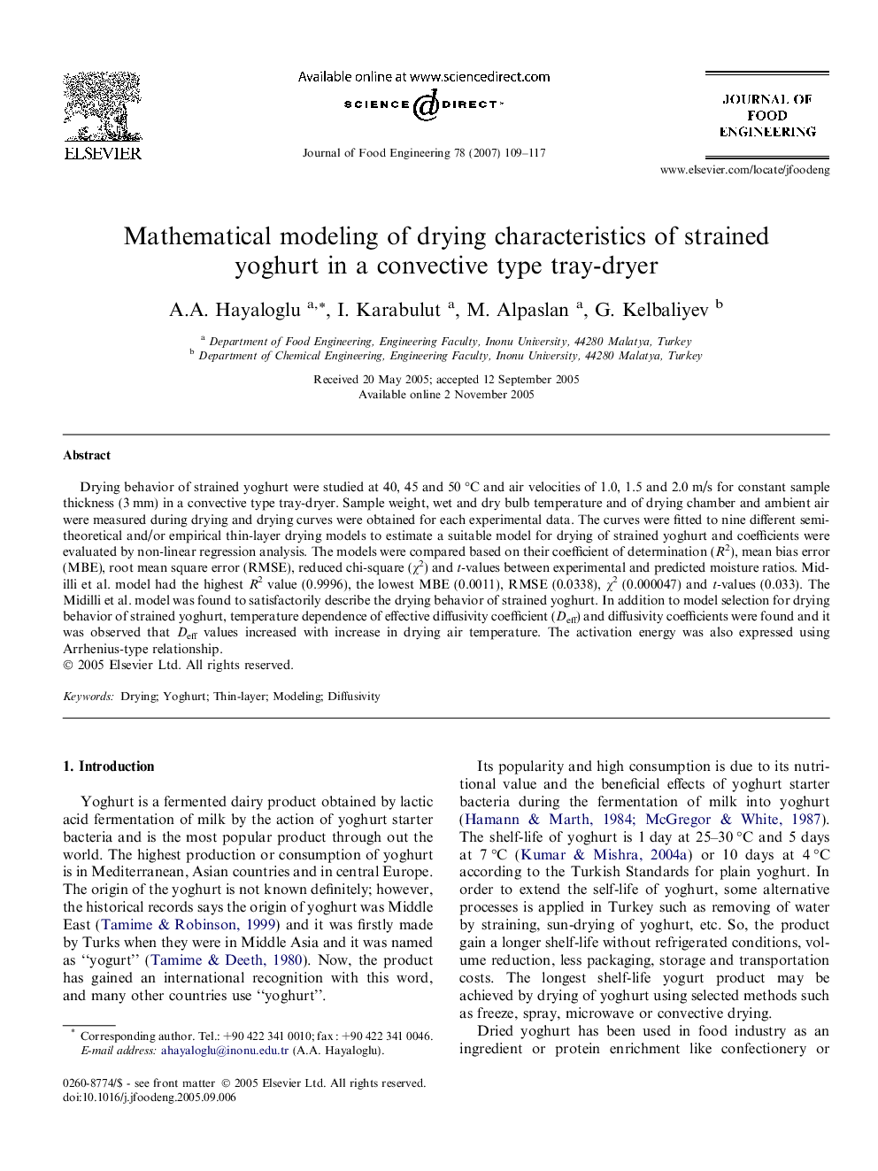 Mathematical modeling of drying characteristics of strained yoghurt in a convective type tray-dryer