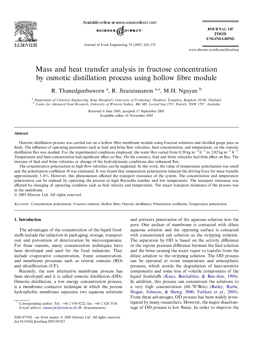 عکس صفحه اول مقاله: Mass and heat transfer analysis in fructose concentration by osmotic distillation process using hollow fibre module Mass and heat transfer analysis in fructose concentration by osmotic distillation process using hollow fibre module