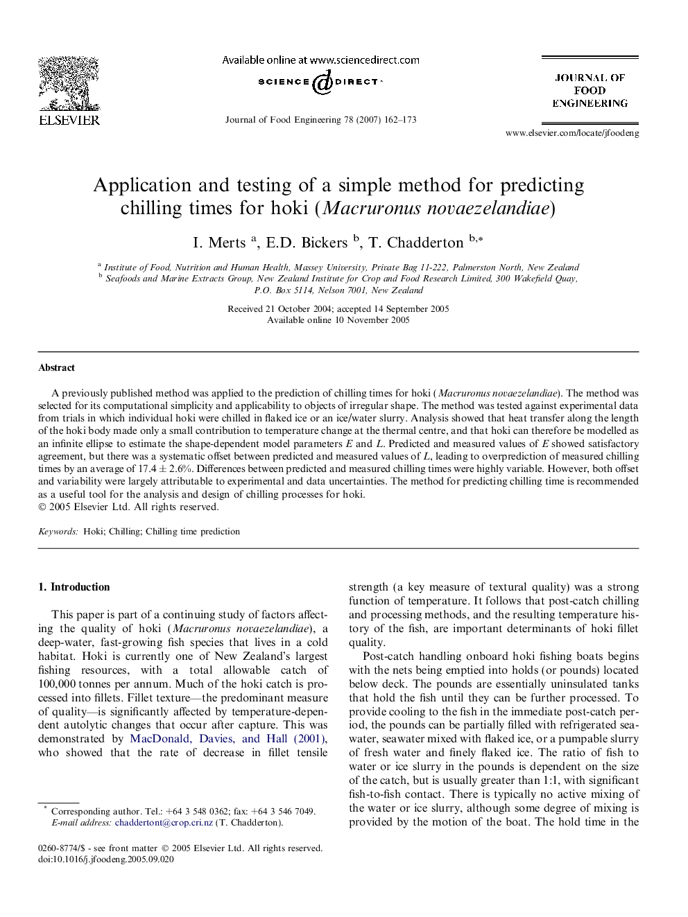 Application and testing of a simple method for predicting chilling times for hoki (Macruronus novaezelandiae)