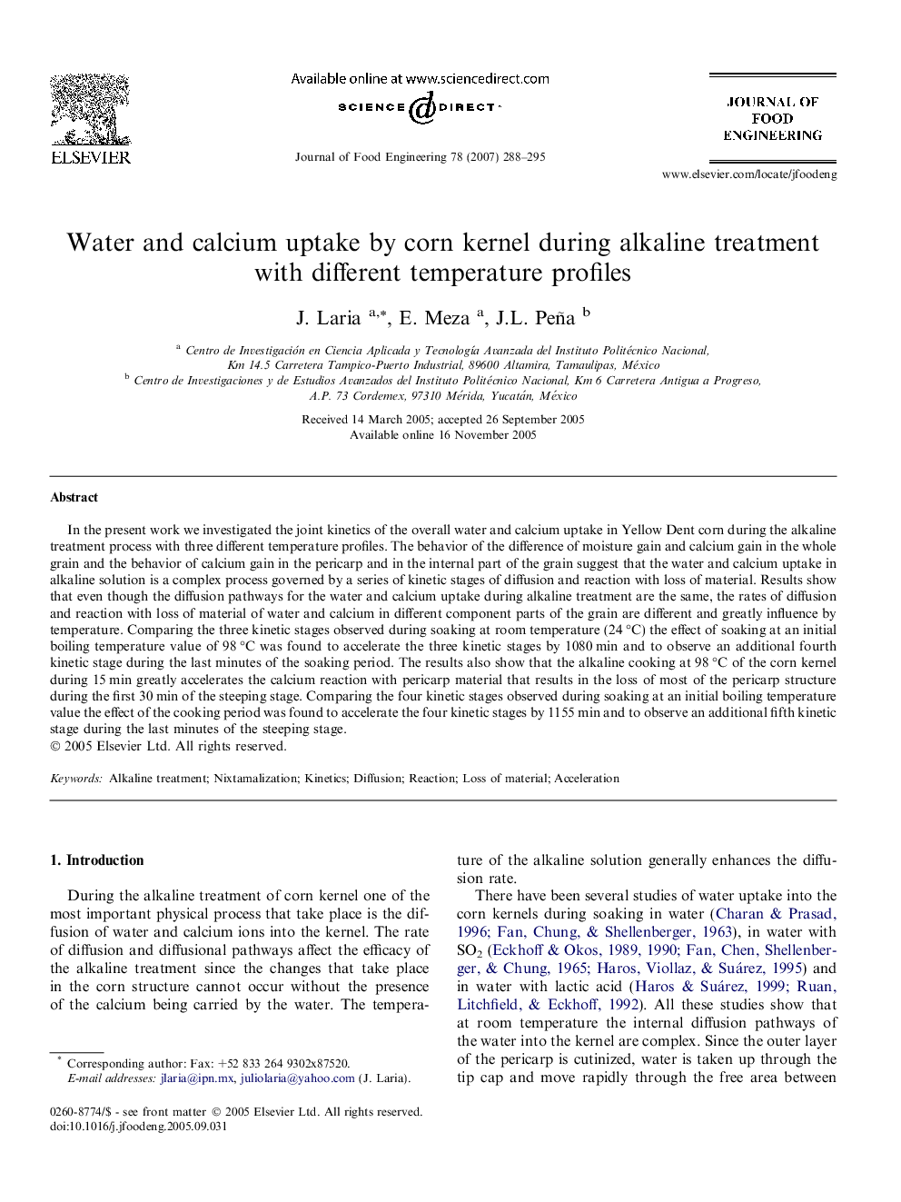 Water and calcium uptake by corn kernel during alkaline treatment with different temperature profiles