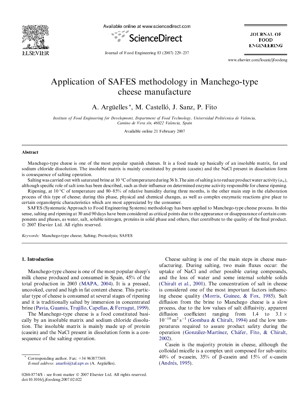 Application of SAFES methodology in Manchego-type cheese manufacture