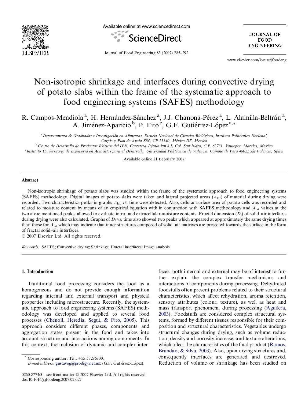 Non-isotropic shrinkage and interfaces during convective drying of potato slabs within the frame of the systematic approach to food engineering systems (SAFES) methodology