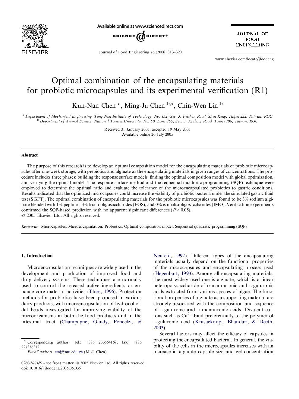 Optimal combination of the encapsulating materials for probiotic microcapsules and its experimental verification (R1)