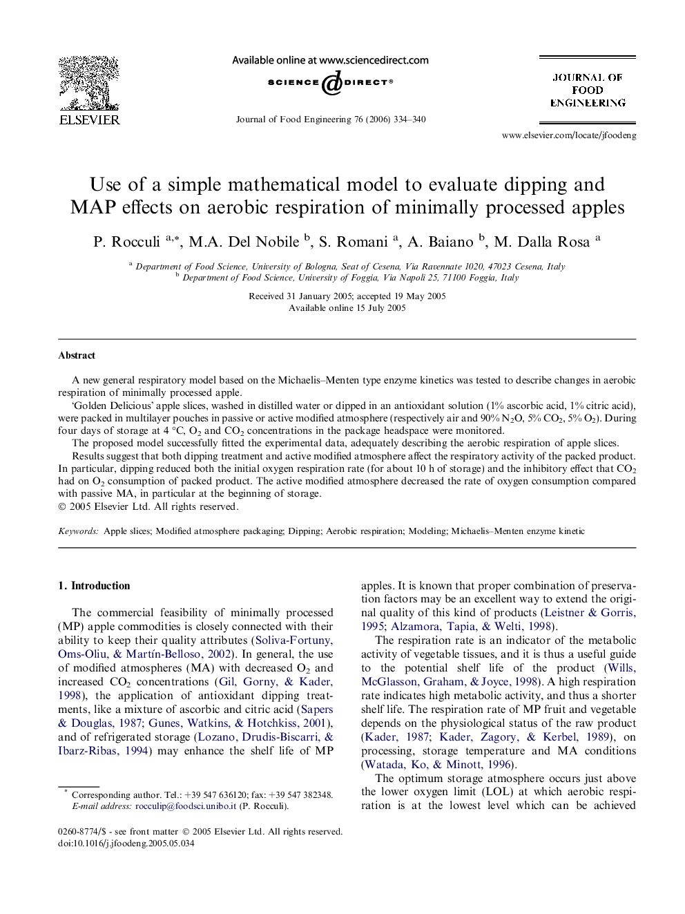 Use of a simple mathematical model to evaluate dipping and MAP effects on aerobic respiration of minimally processed apples