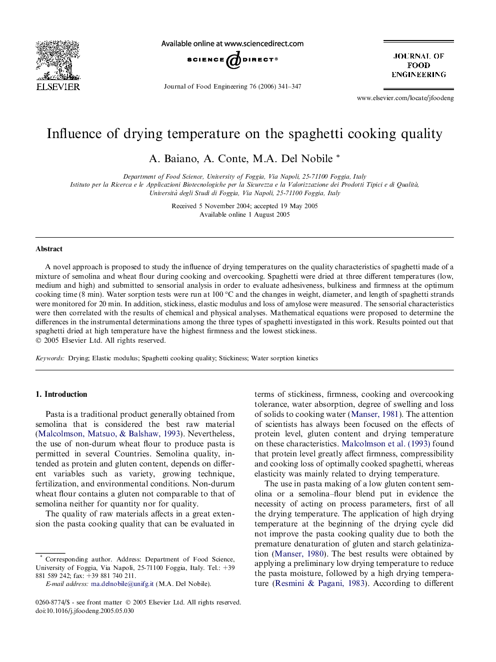 Influence of drying temperature on the spaghetti cooking quality