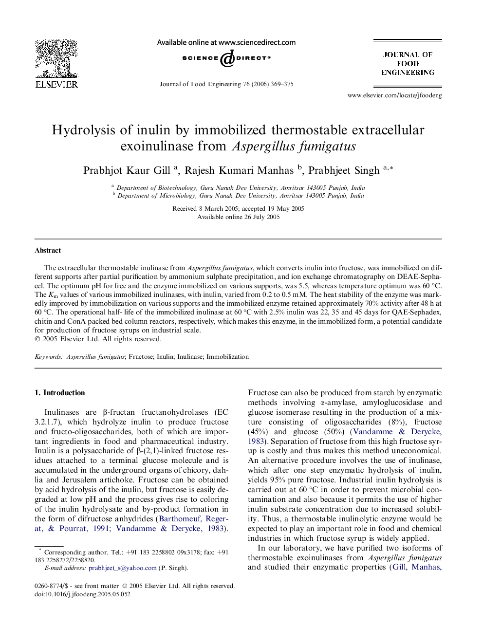 Hydrolysis of inulin by immobilized thermostable extracellular exoinulinase from Aspergillus fumigatus