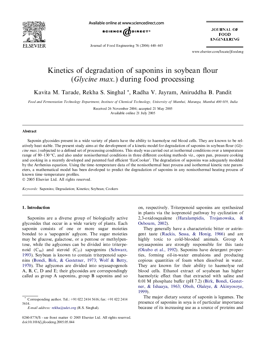 Kinetics of degradation of saponins in soybean flour (Glycine max.) during food processing