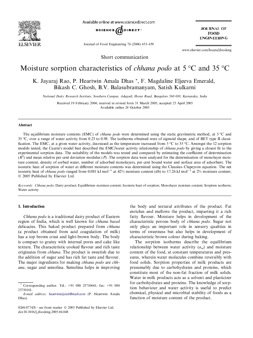 Moisture sorption characteristics of chhana podo at 5 °C and 35 °C