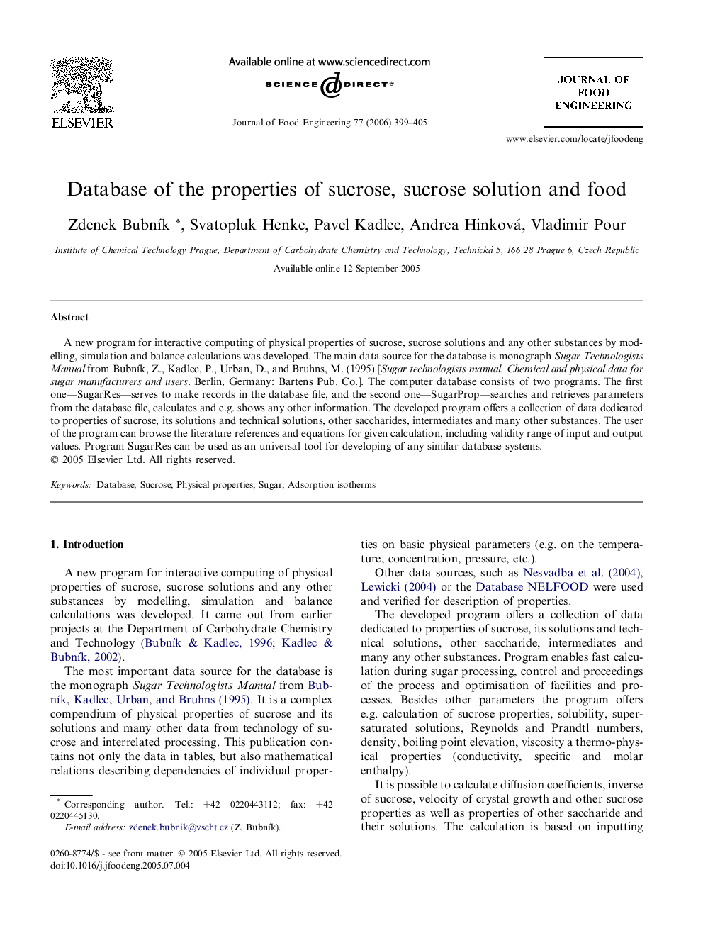 Database of the properties of sucrose, sucrose solution and food