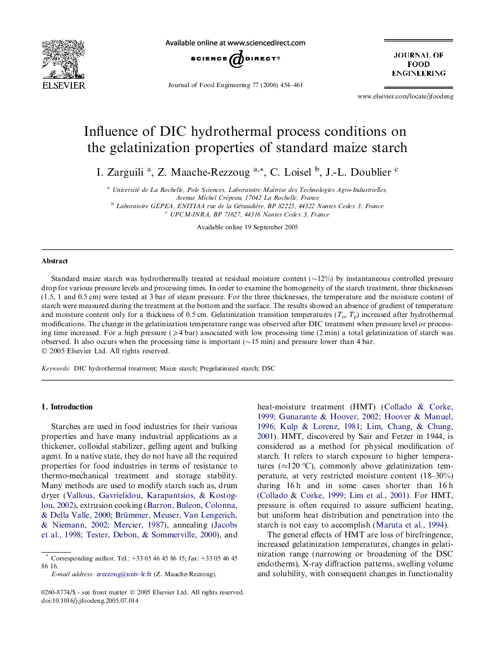 Influence of DIC hydrothermal process conditions on the gelatinization properties of standard maize starch