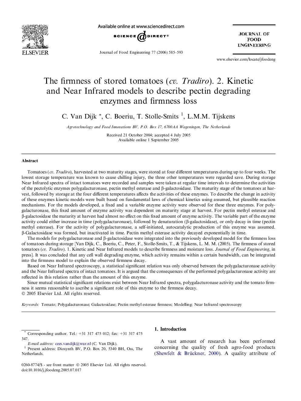 The firmness of stored tomatoes (cv. Tradiro). 2. Kinetic and Near Infrared models to describe pectin degrading enzymes and firmness loss