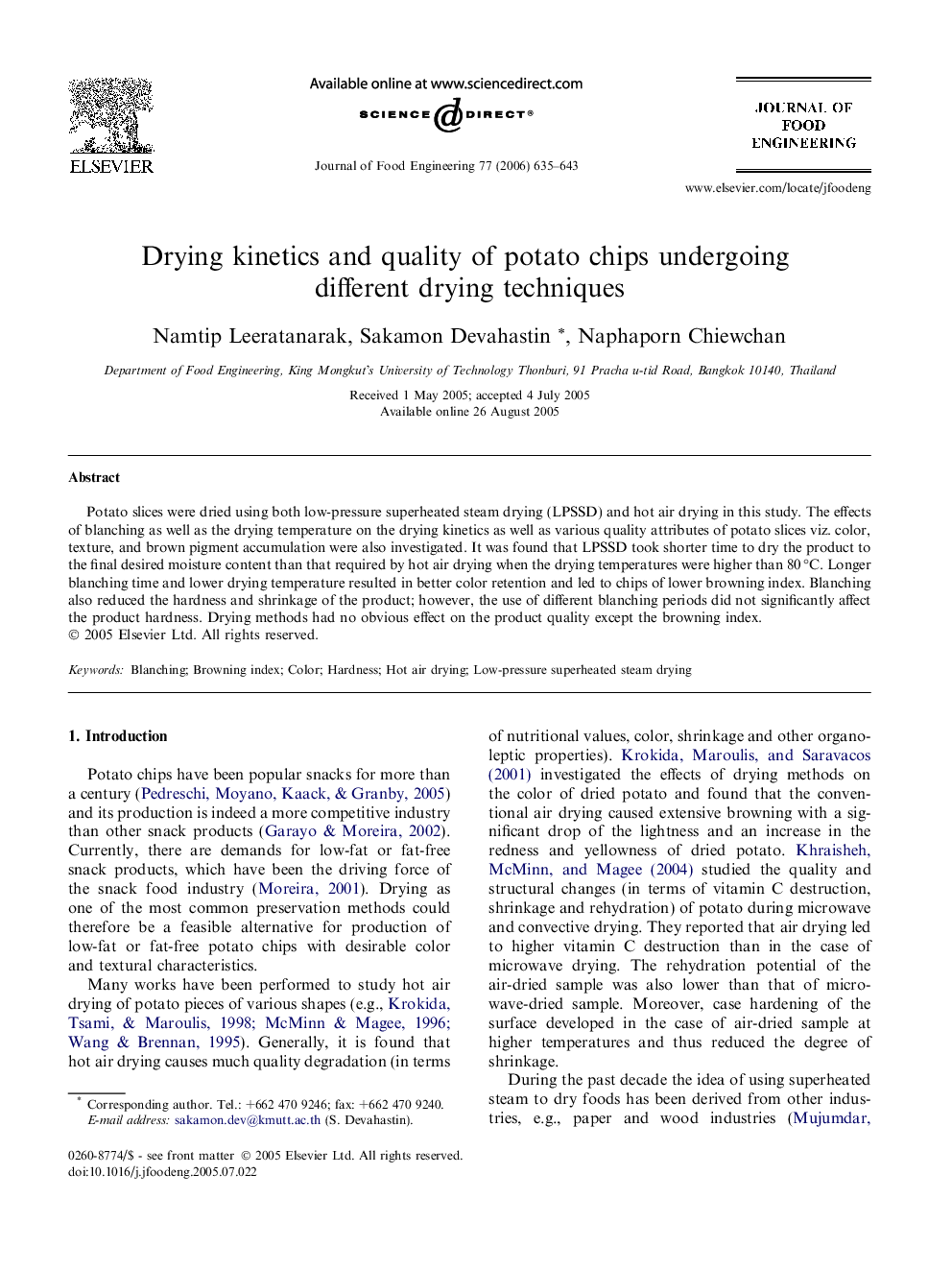 Drying kinetics and quality of potato chips undergoing different drying techniques