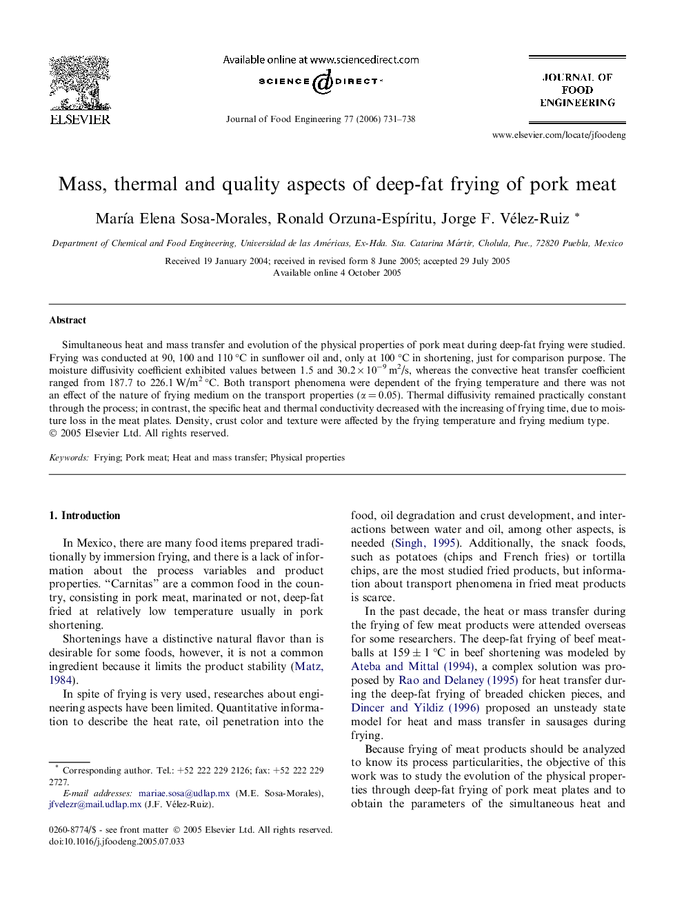 Mass, thermal and quality aspects of deep-fat frying of pork meat