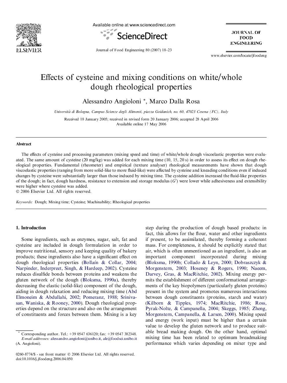 Effects of cysteine and mixing conditions on white/whole dough rheological properties