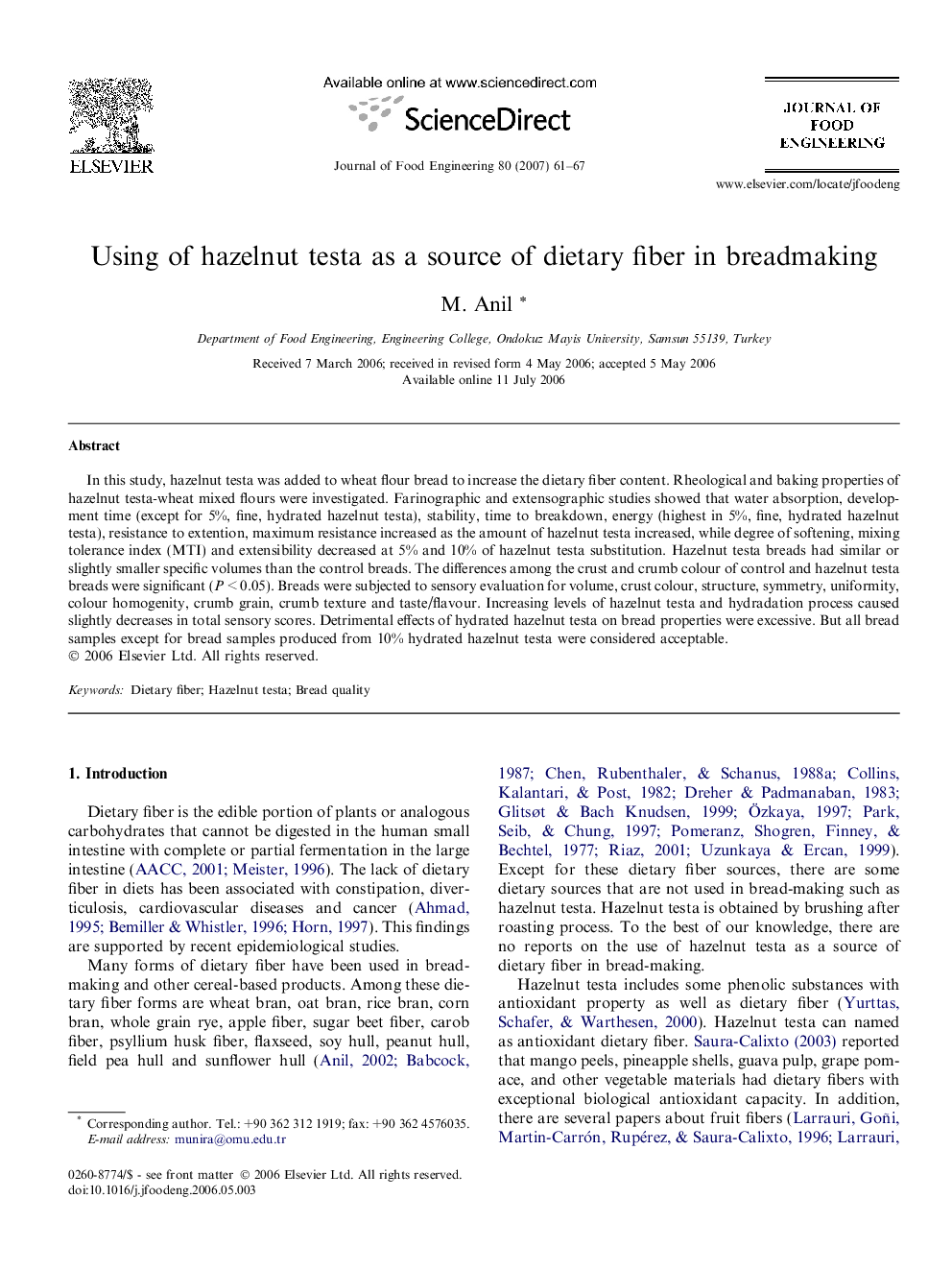 Using of hazelnut testa as a source of dietary fiber in breadmaking