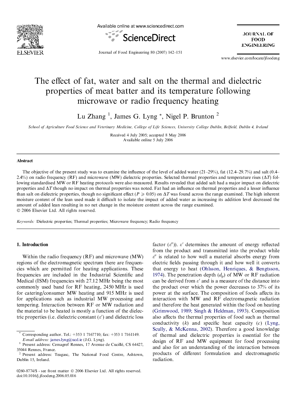 The effect of fat, water and salt on the thermal and dielectric properties of meat batter and its temperature following microwave or radio frequency heating