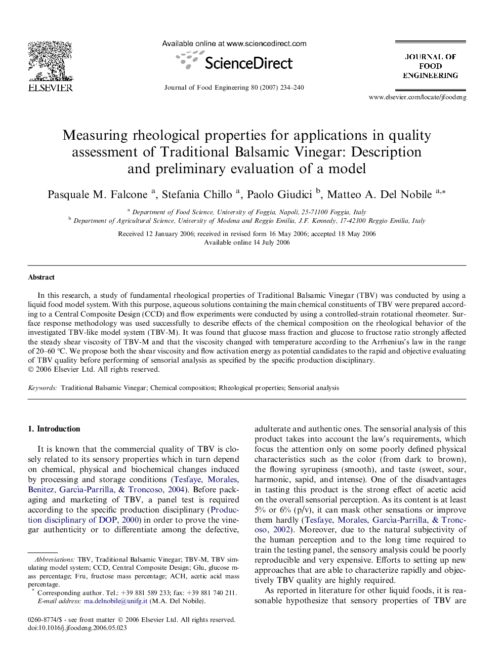 Measuring rheological properties for applications in quality assessment of Traditional Balsamic Vinegar: Description and preliminary evaluation of a model