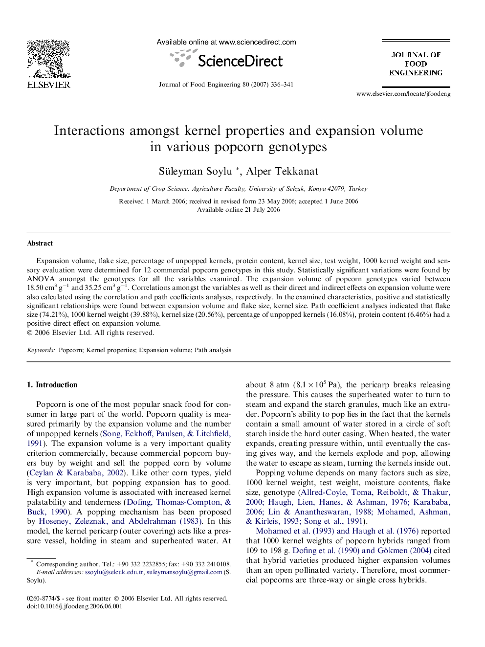 Interactions amongst kernel properties and expansion volume in various popcorn genotypes