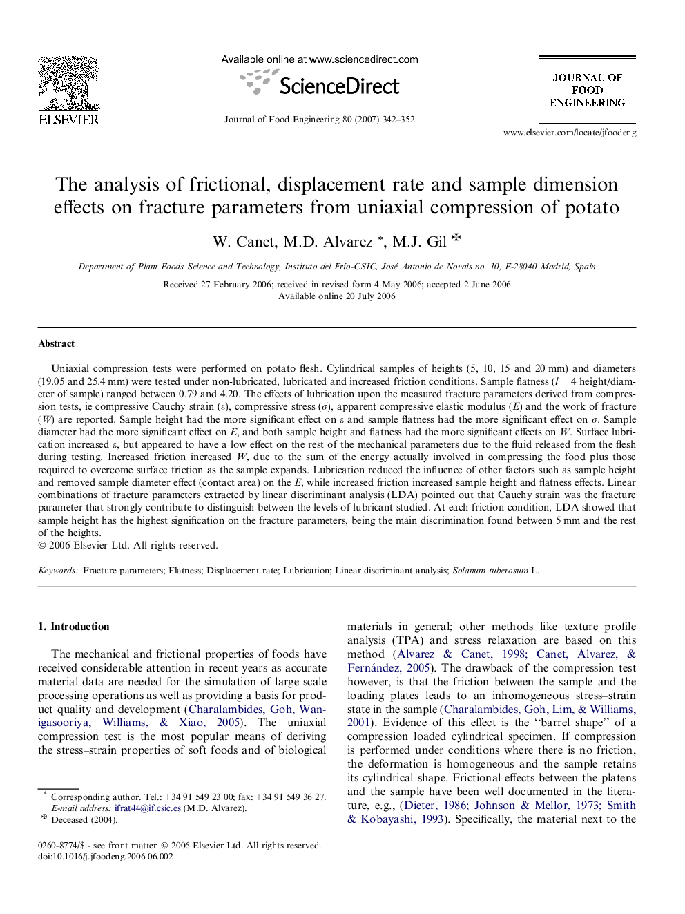 The analysis of frictional, displacement rate and sample dimension effects on fracture parameters from uniaxial compression of potato