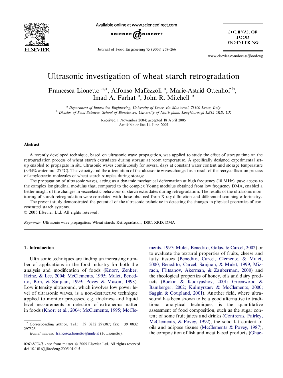 Ultrasonic investigation of wheat starch retrogradation