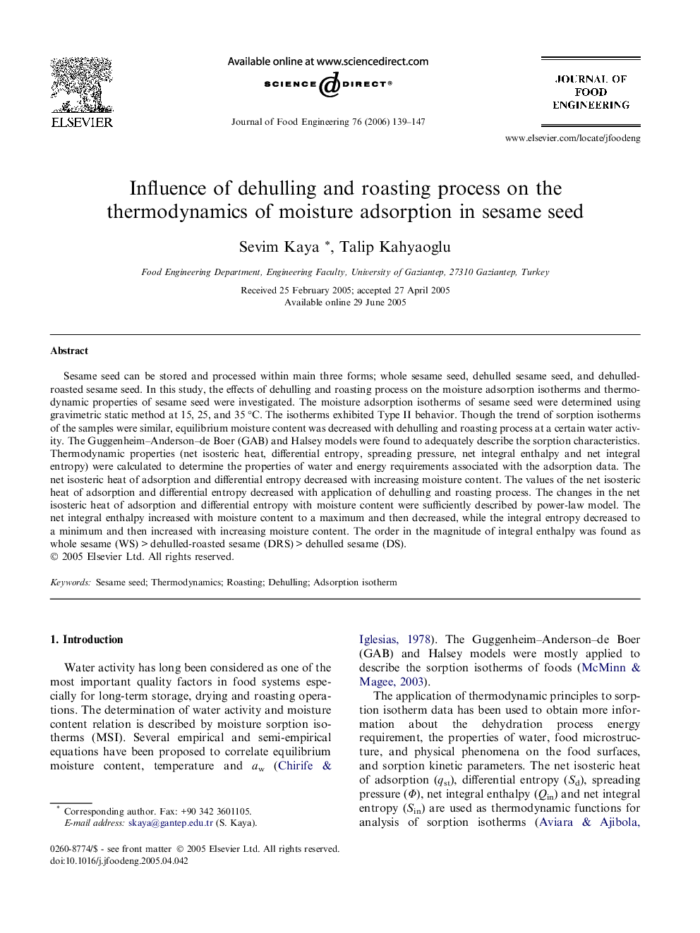 Influence of dehulling and roasting process on the thermodynamics of moisture adsorption in sesame seed