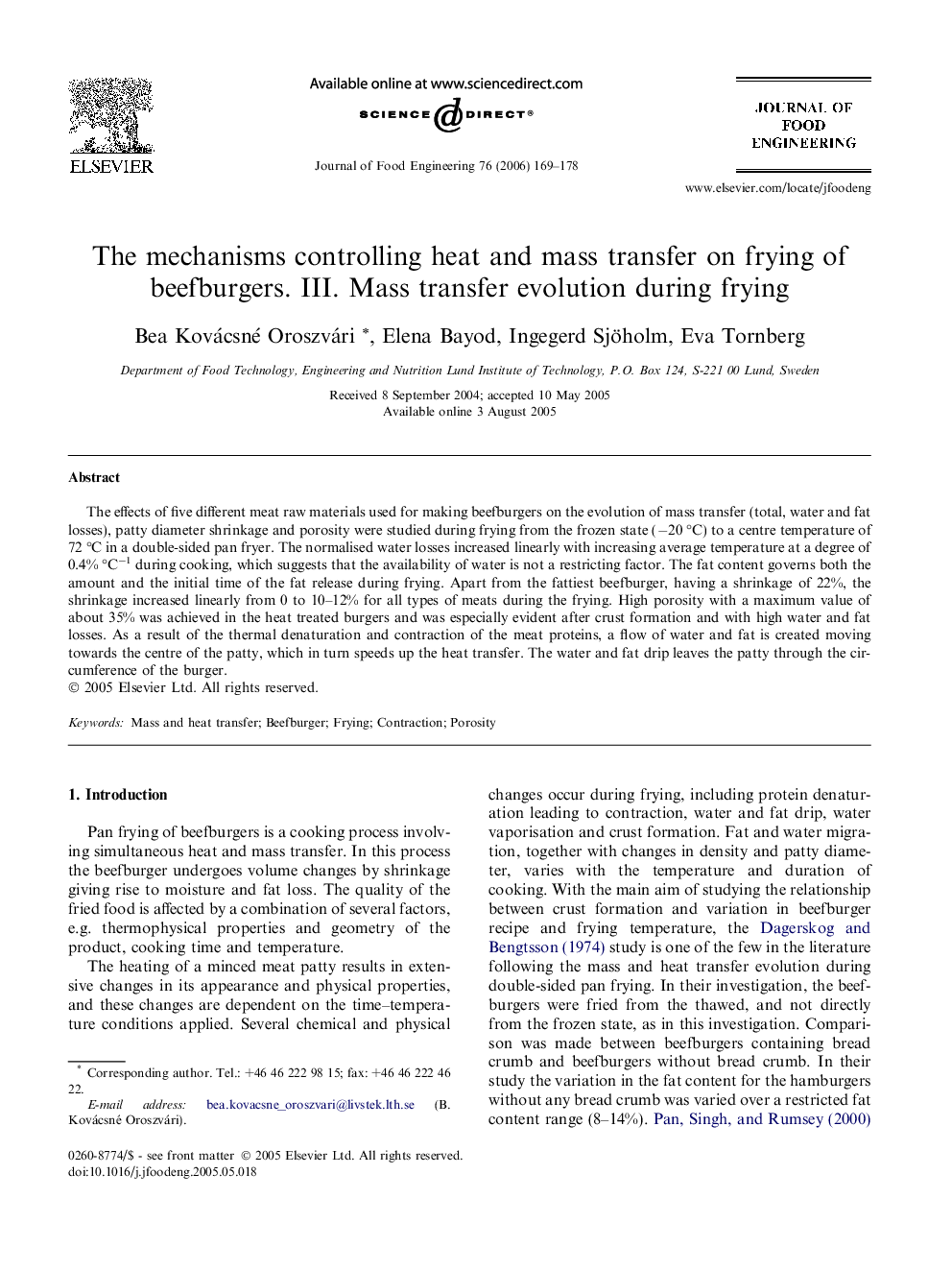 The mechanisms controlling heat and mass transfer on frying of beefburgers. III. Mass transfer evolution during frying